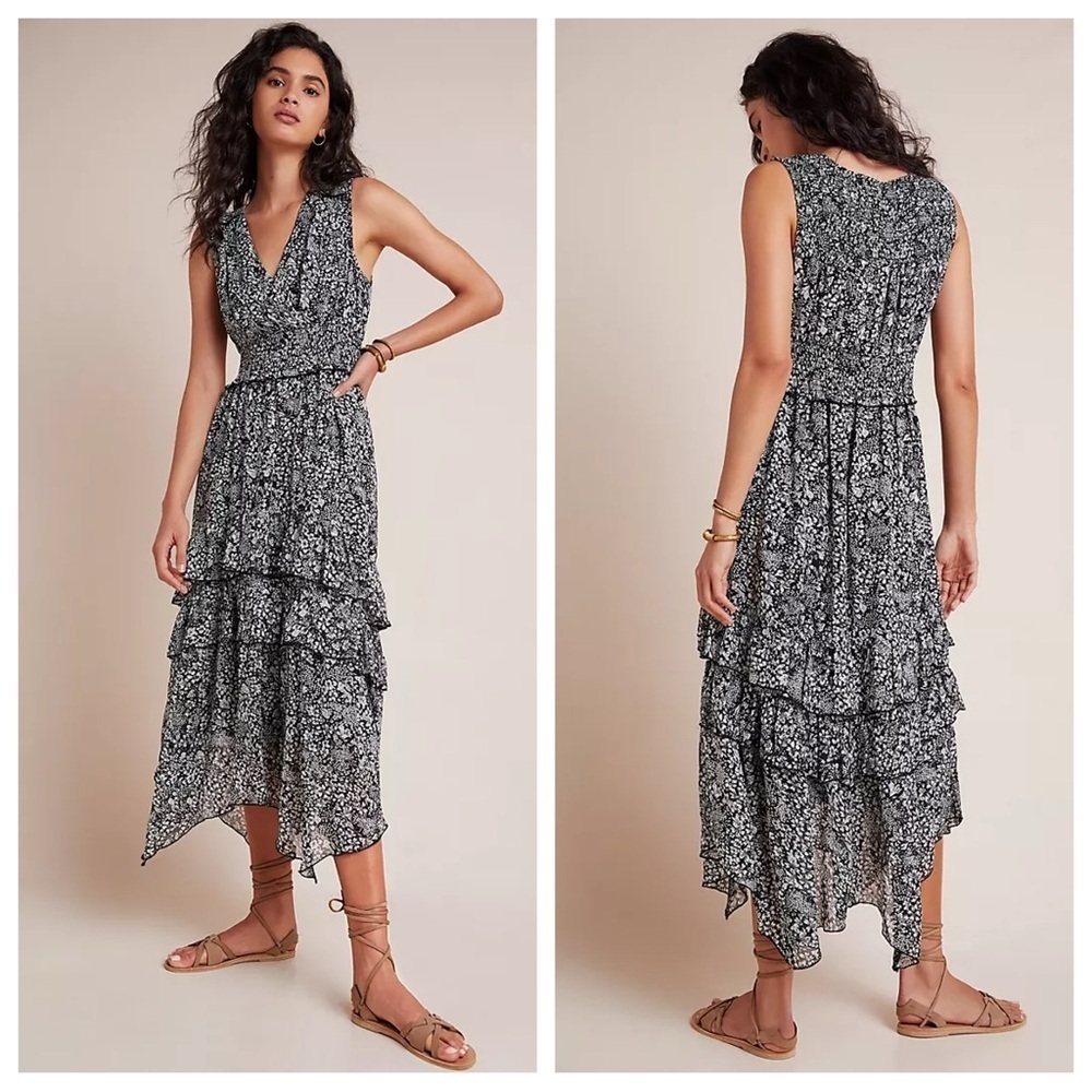 Anthropologie Marcella Tiered Midi Dress black white floral 26838